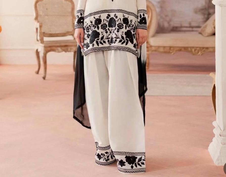 White Farsi Suit Black Embroidery Palazzo Set, Pakistani Ready Wear