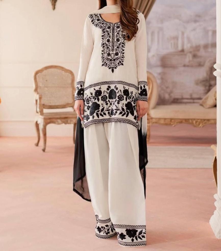 White Farsi Suit Black Embroidery Palazzo Set, Pakistani Ready Wear