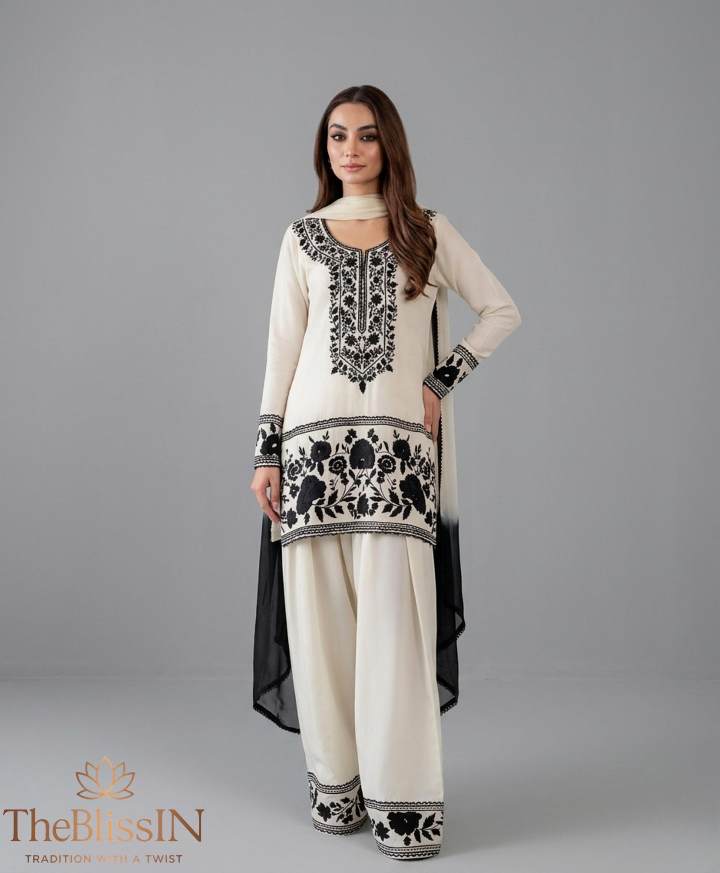 White Farsi Suit Black Embroidery Palazzo Set, Pakistani Ready Wear