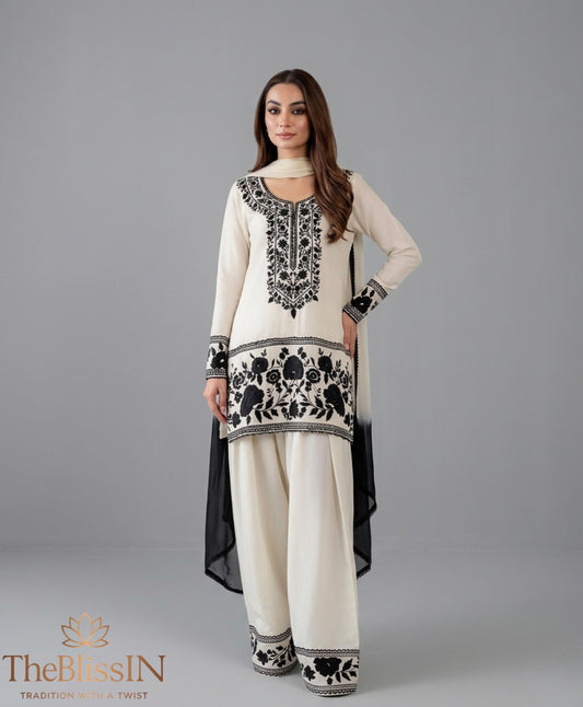 White Farsi Suit Black Embroidery Palazzo Set, Pakistani Ready Wear