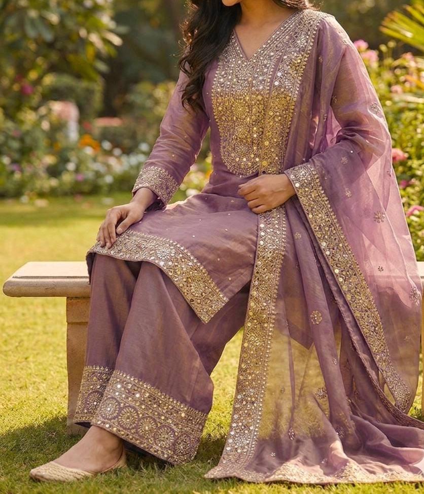 Women's Purple Silk Embroidered Kurta with Palazzo & Dupatta Online