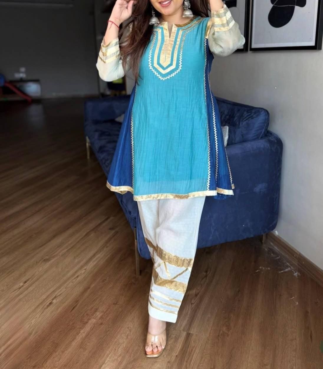 Designer Sky Blue Ethnic two Piece Suit Set , Ready to Wear