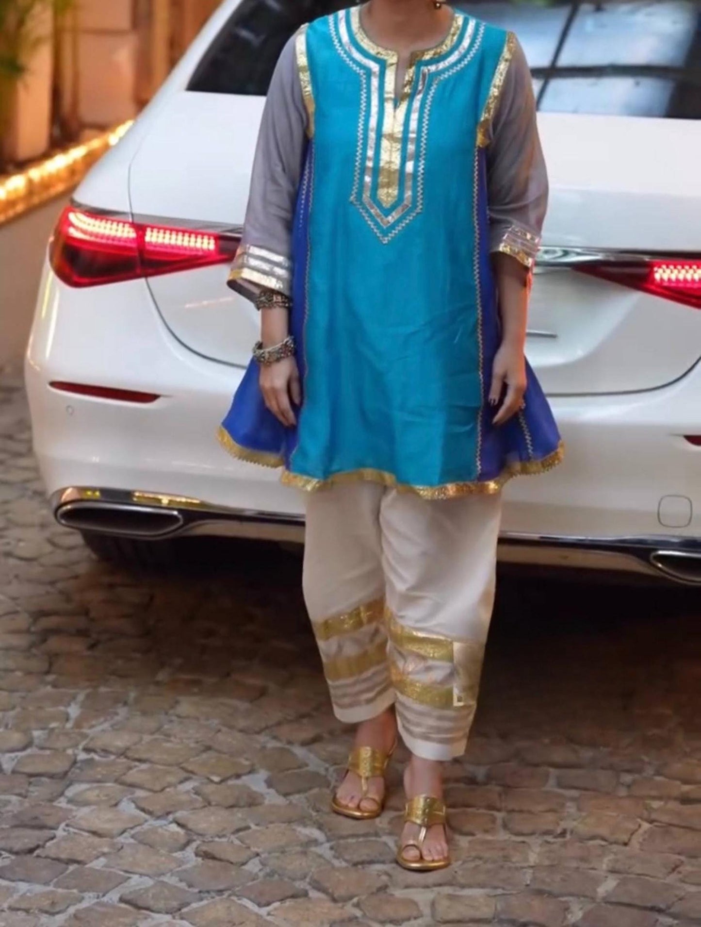 Designer Sky Blue Ethnic two Piece Suit Set , Ready to Wear