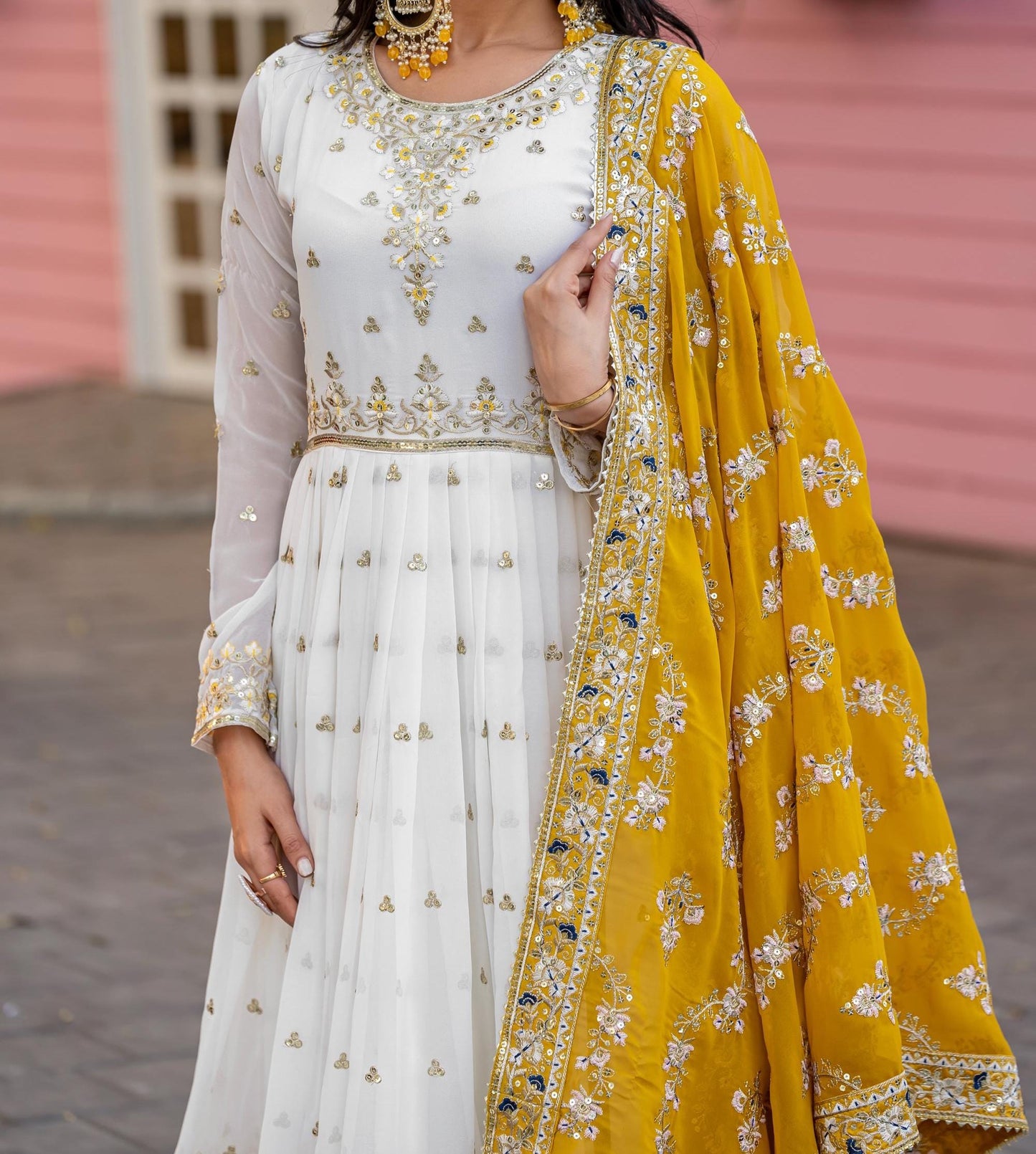 White Embroidered Anarkali Gown with Yellow Dupatta for Women