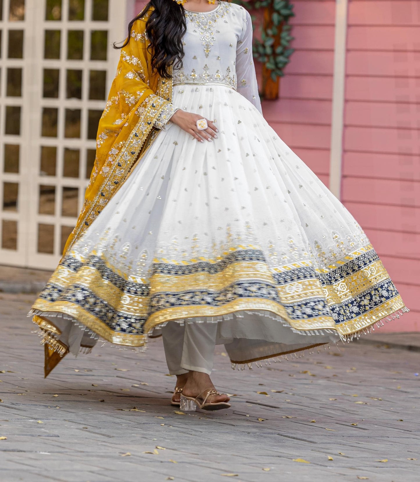 White Embroidered Anarkali Gown with Yellow Dupatta for Women