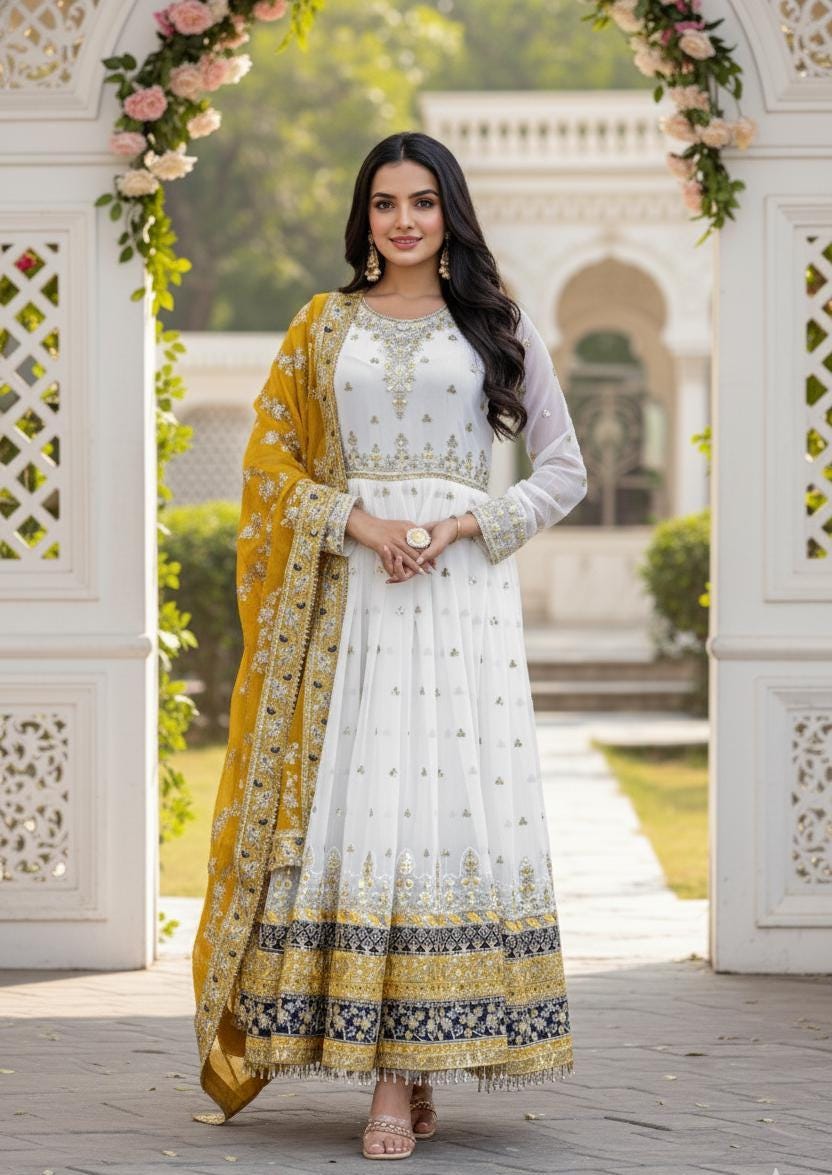 White Embroidered Anarkali Gown with Yellow Dupatta for Women