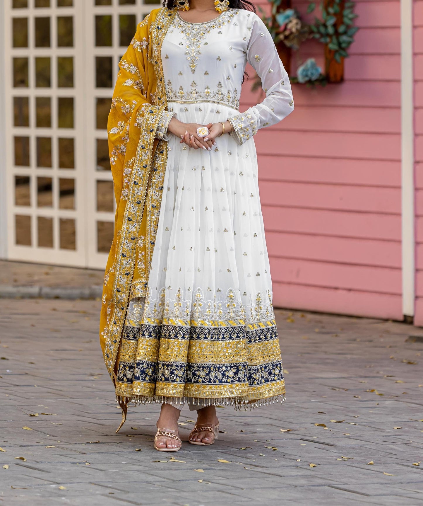 White Embroidered Anarkali Gown with Yellow Dupatta for Women