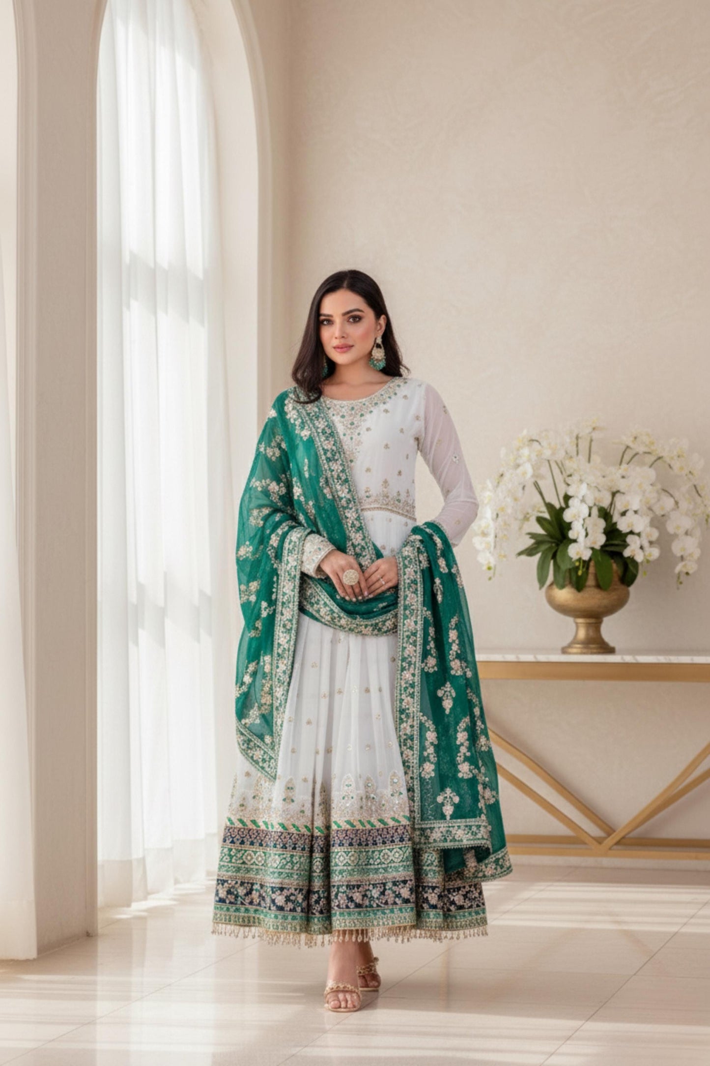 White Embroidered Anarkali Gown with Teal Green Dupatta for Women