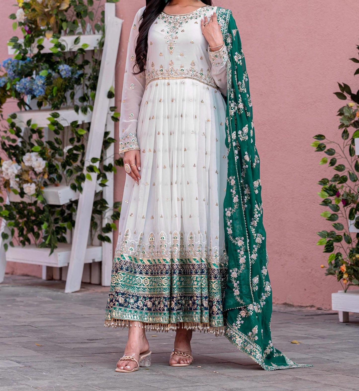 White Embroidered Anarkali Gown with Teal Green Dupatta for Women