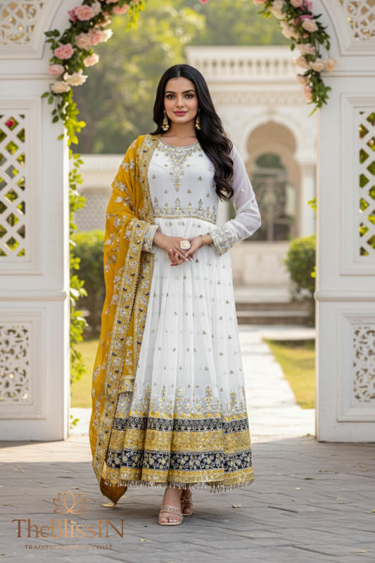 White Embroidered Anarkali Gown with Yellow Dupatta for Women
