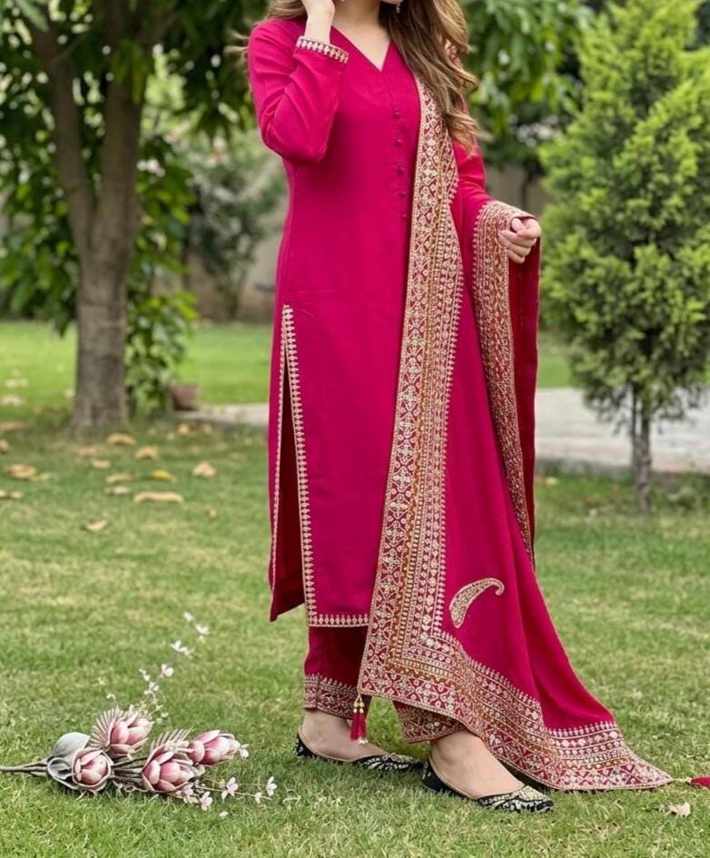 Pink Kurta Salwar Suit Set Silk Ready To Wear M-XXL