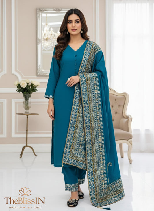 Blue Roman Silk Embroidered 3 Piece Suit Set for Eid with Fancy Dupatta
