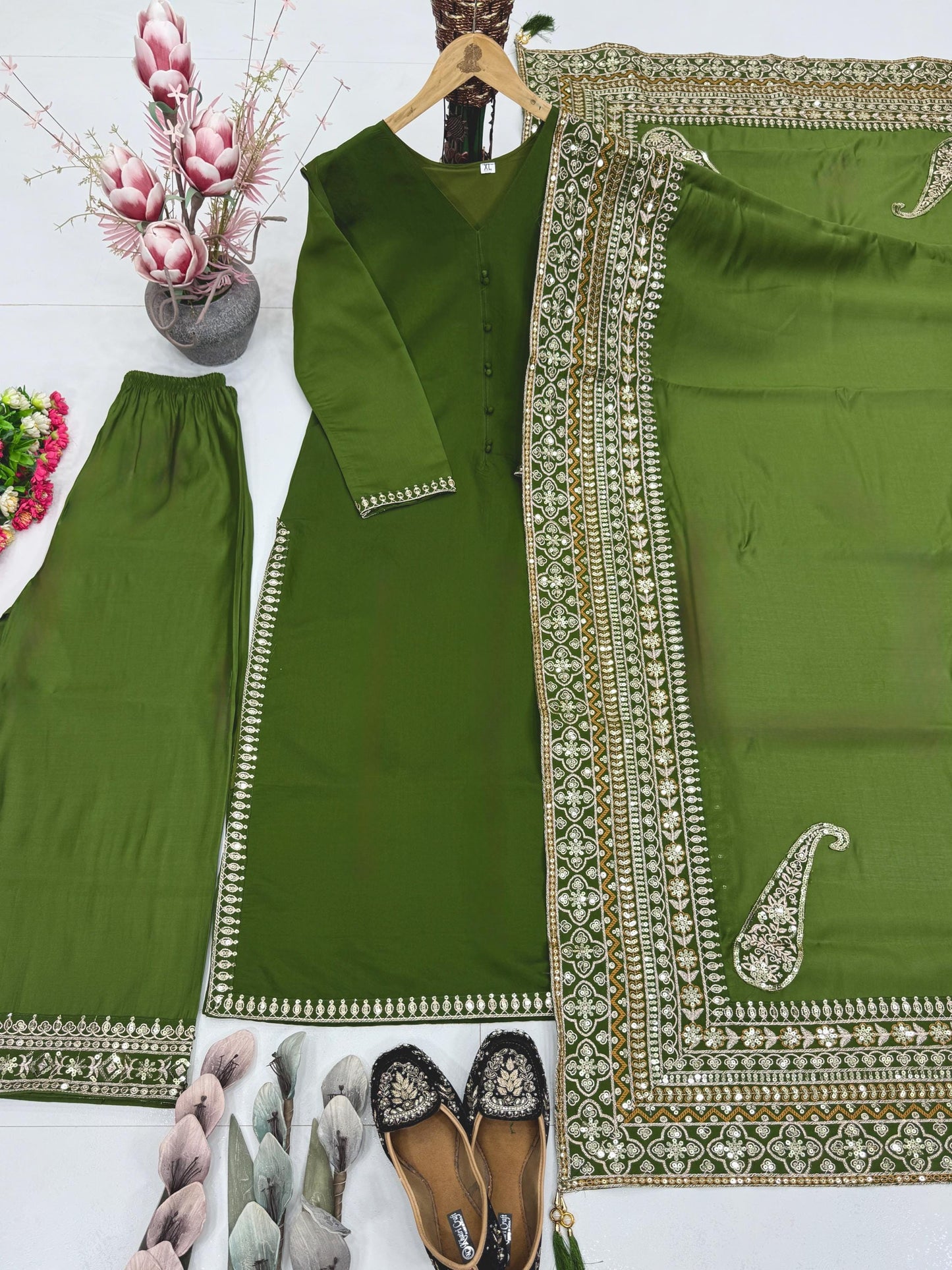 Green Eid Wear Heavy Embroidery Roman Silk 3 Piece Suit Set for Women