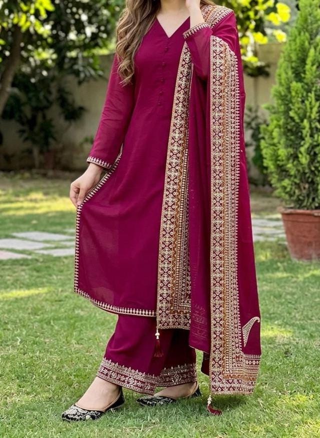 Dark Pink Roman Silk Embroidered 3 Piece Suit Set for Eid with Fancy Dupatta
