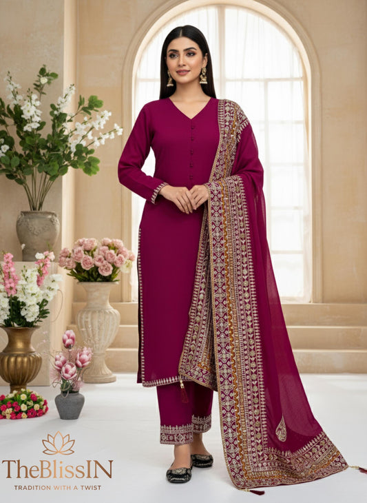 Dark Pink Roman Silk Embroidered 3 Piece Suit Set for Eid with Fancy Dupatta