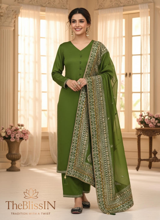 Green Eid Wear Heavy Embroidery Roman Silk 3 Piece Suit Set for Women