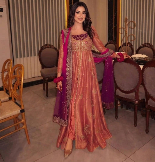 Rose Gold Pakistani Anarkali Suit: Fendy Silk Sequins Embroidery Party Wear