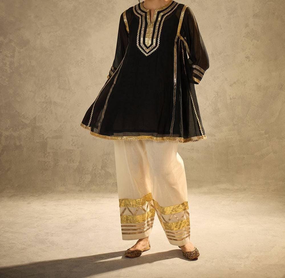 Celebrity Inspired Pure Chanderi Designer Partywear Kurta With Farshi Salwar