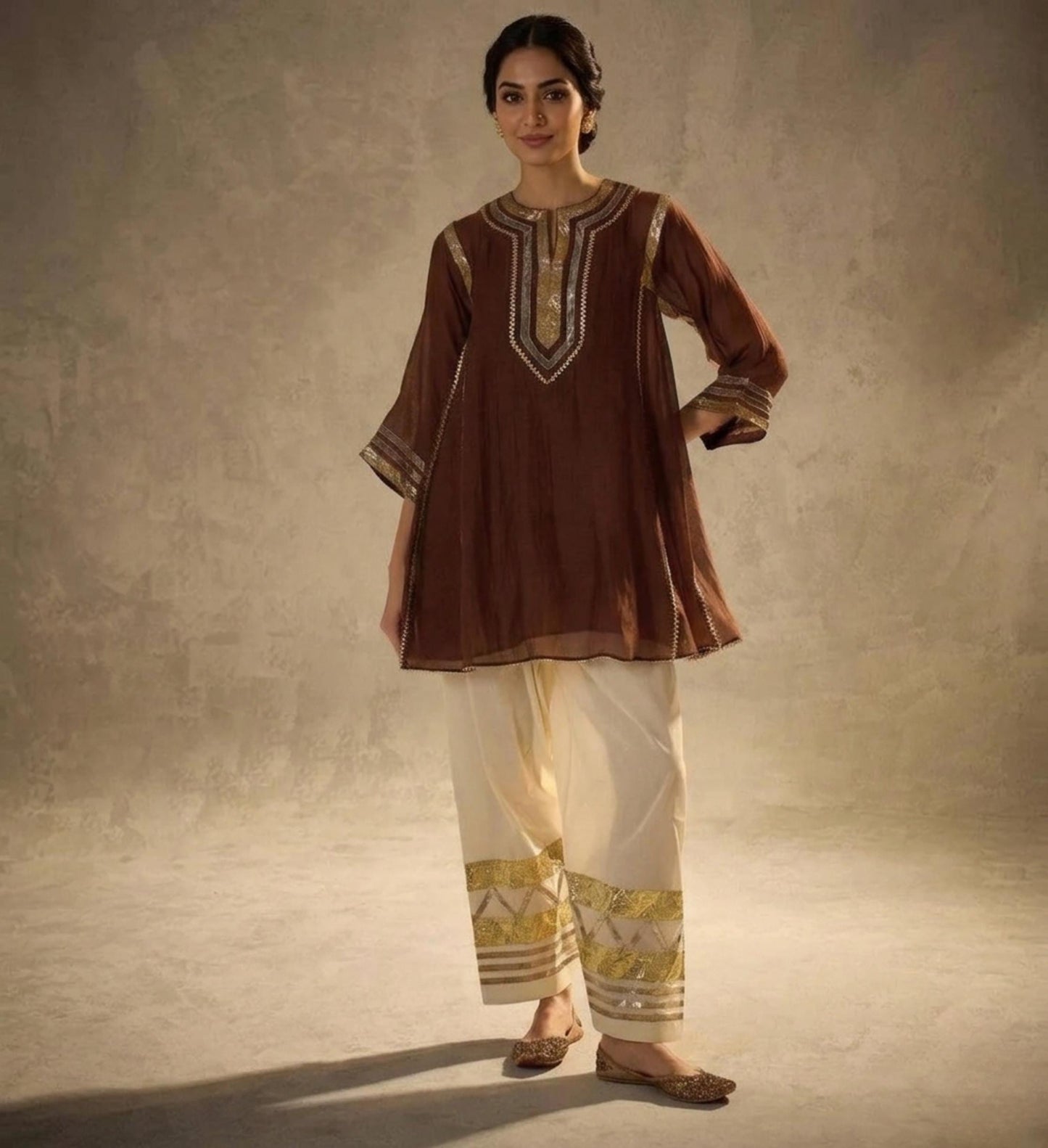 Celebrity Inspired Pure Chanderi Designer Partywear Kurta With Farshi Salwar