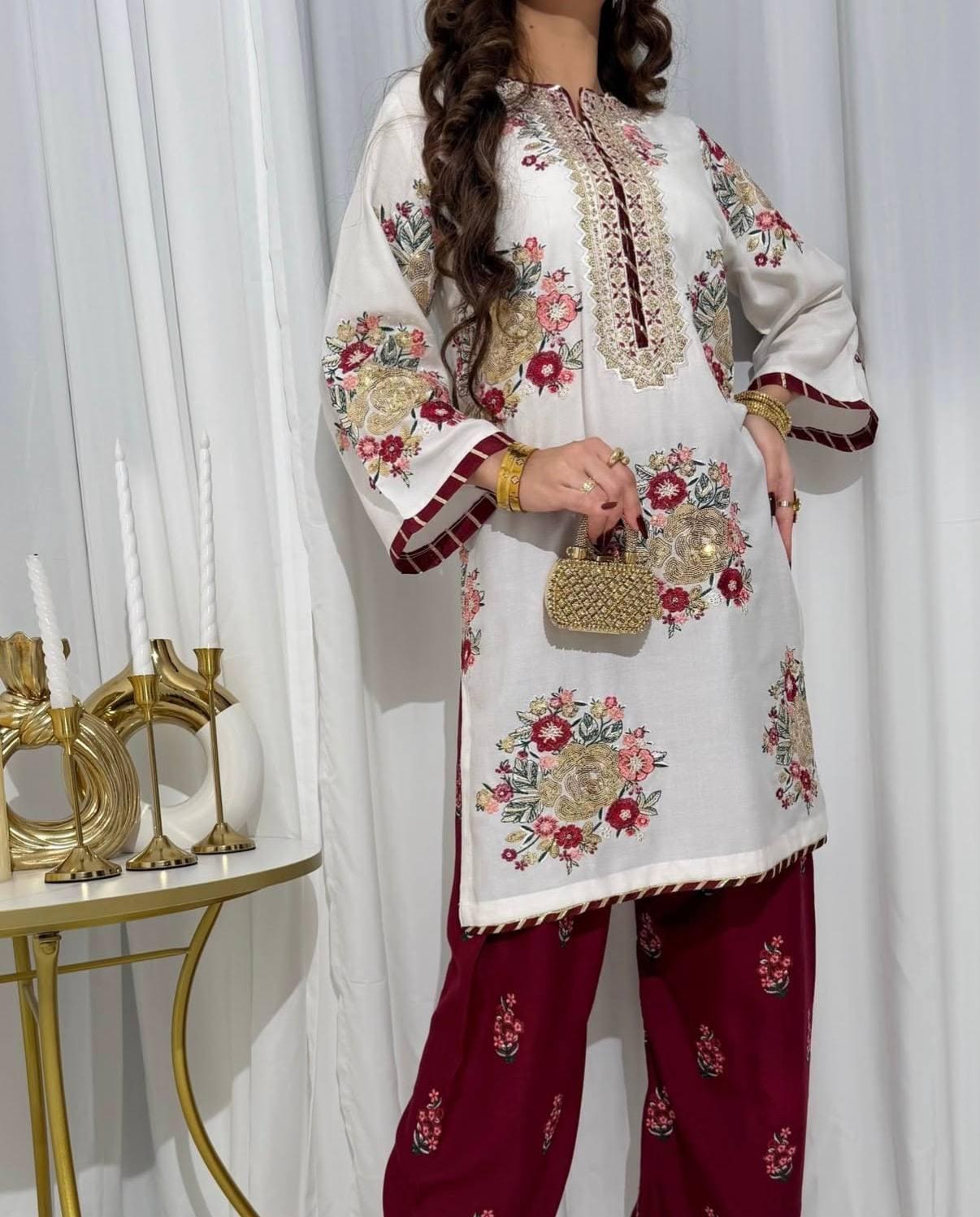 Embroidered White Kurti with Maroon Palazzo Pakistani Indian Suit