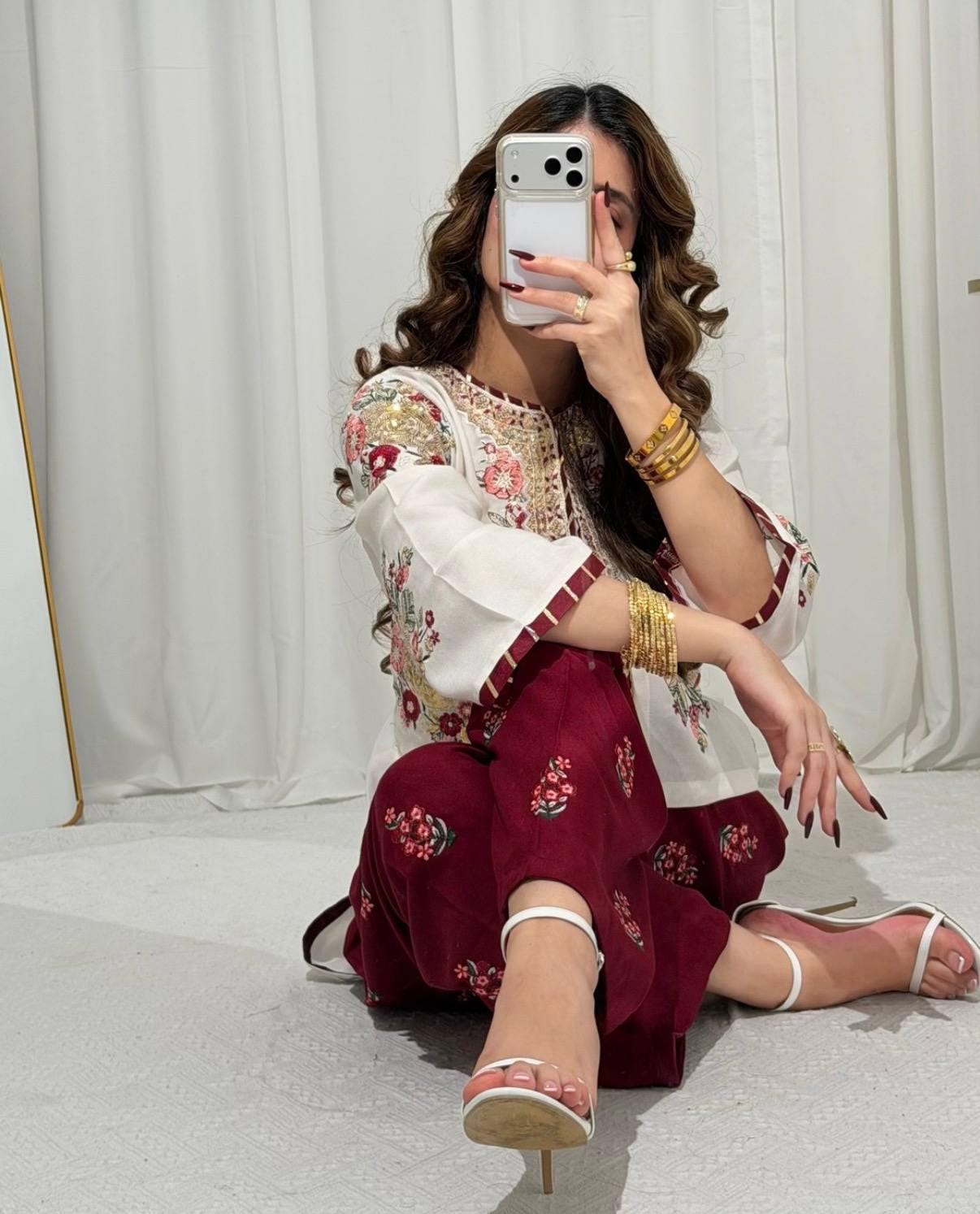 Embroidered White Kurti with Maroon Palazzo Pakistani Indian Suit