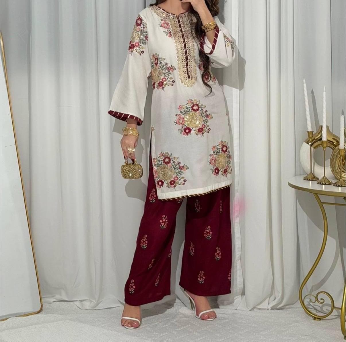 Embroidered White Kurti with Maroon Palazzo Pakistani Indian Suit