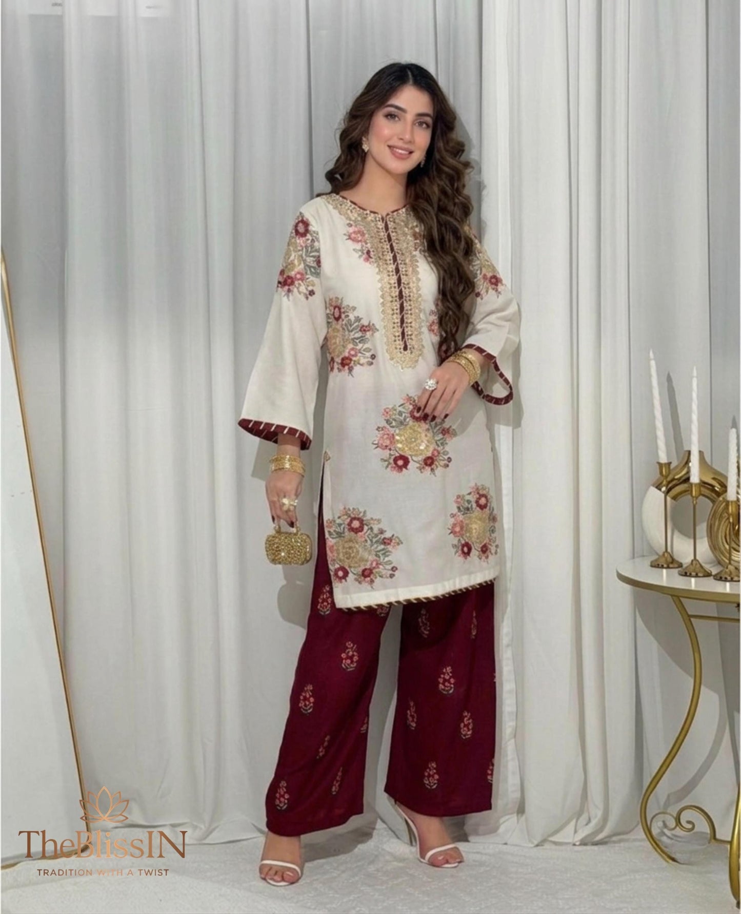 Embroidered White Kurti with Maroon Palazzo Pakistani Indian Suit