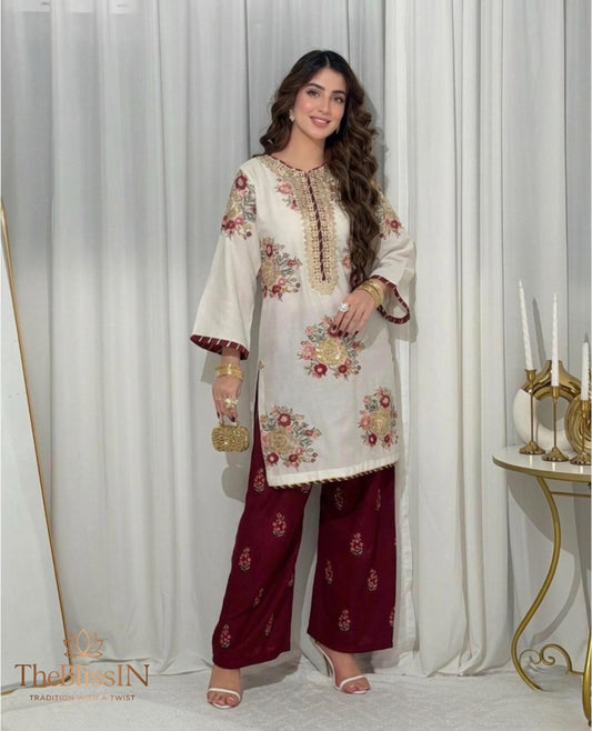 Embroidered White Kurti with Maroon Palazzo Pakistani Indian Suit