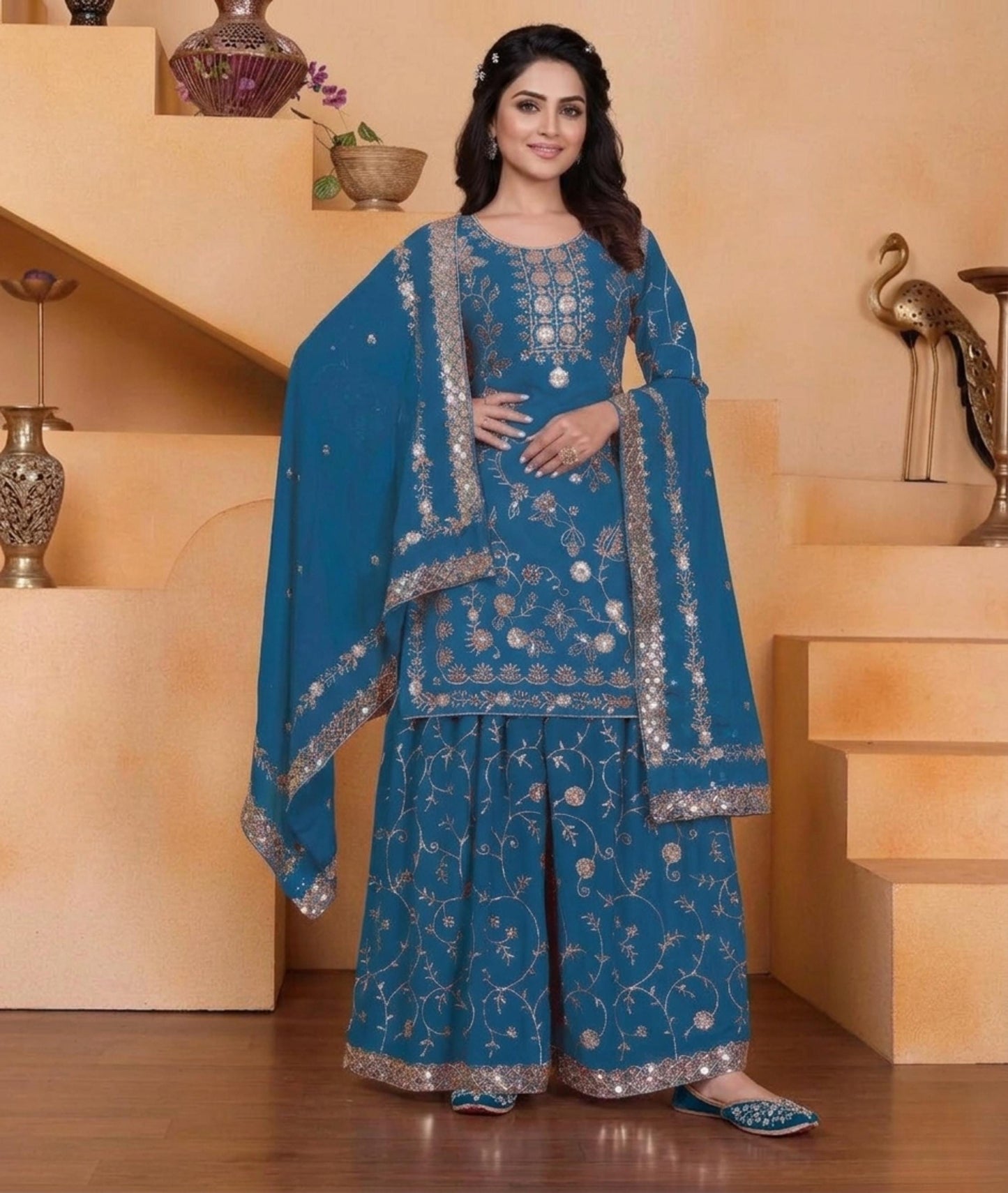 Rani Pink Embroidered Faux Georgette Palazzo Suit with Dupatta for Wedding : Punjabi Suit