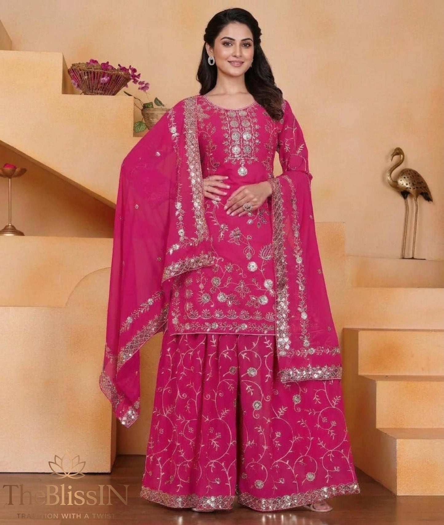 Rani Pink Embroidered Faux Georgette Palazzo Suit with Dupatta for Wedding : Punjabi Suit