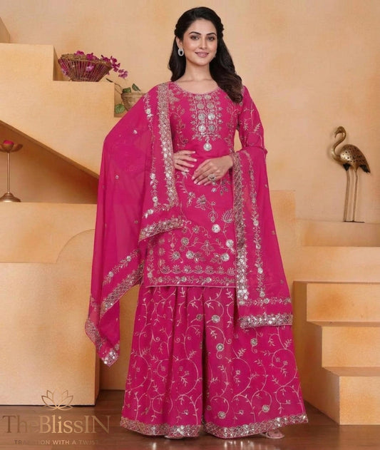 Rani Pink Embroidered Faux Georgette Palazzo Suit with Dupatta for Wedding : Punjabi Suit