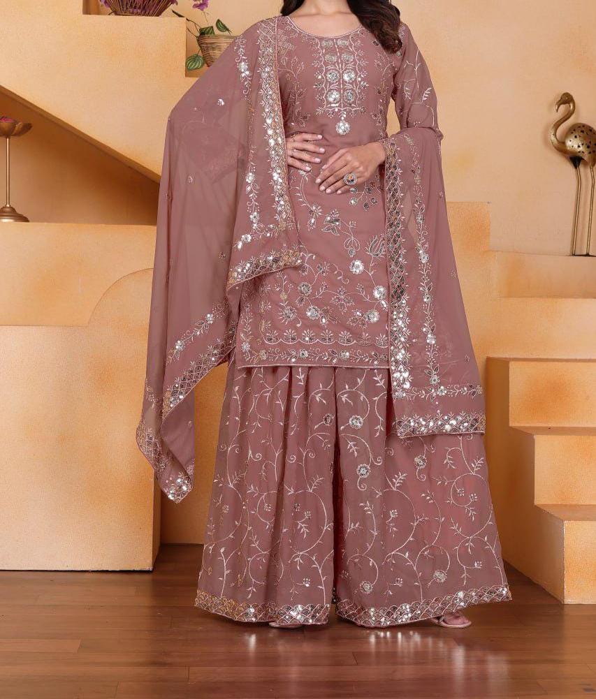 Elegant Mauve Embroidered Faux Georgette Palazzo Suit with Dupatta for Wedding