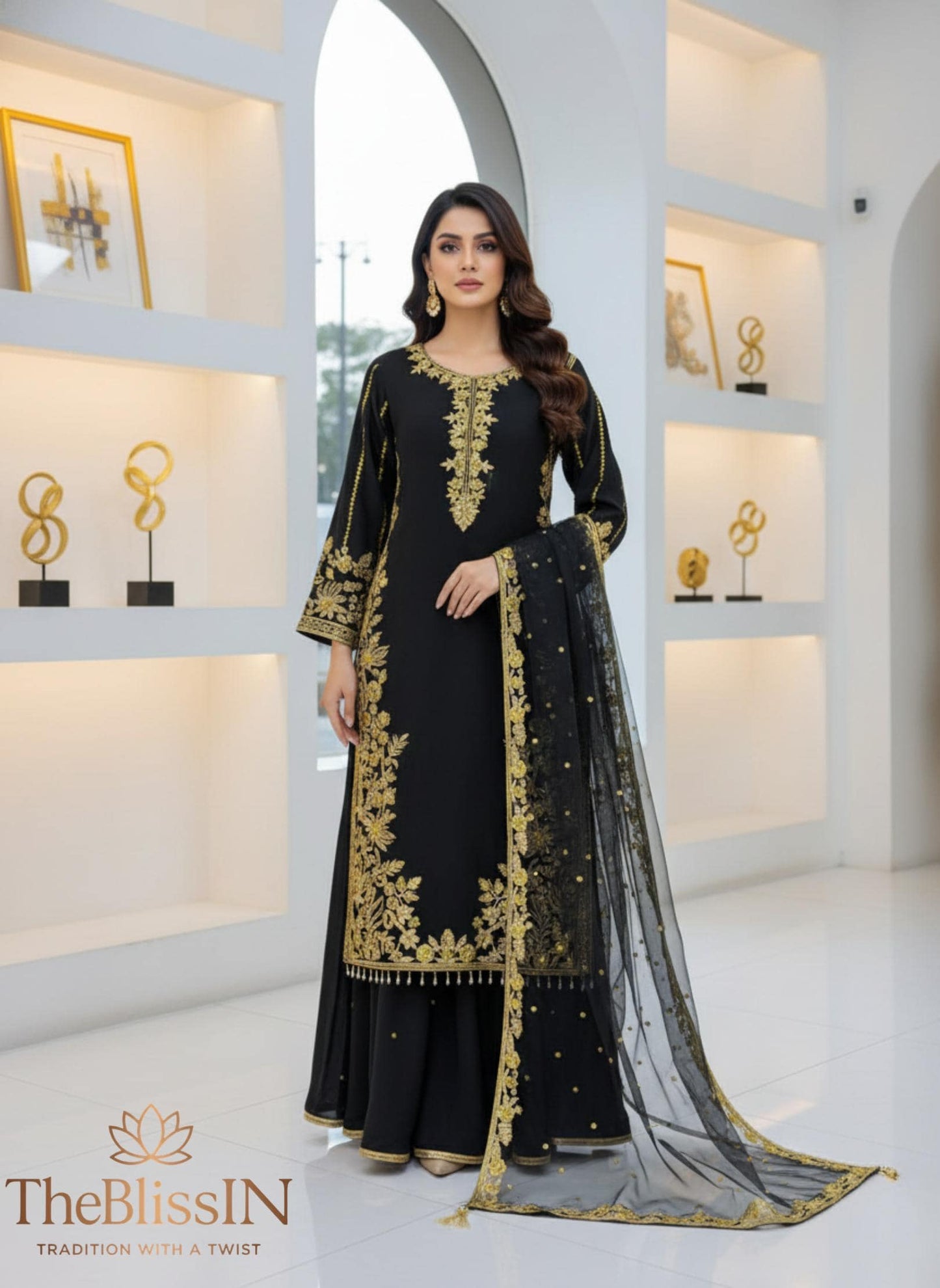 Embroidered Roman Silk 3 Piece Suit Set with Net Dupatta – Eid Party Wear