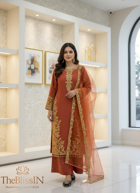 Embroidered Roman Silk 3 Piece Suit Set with Net Dupatta – Eid Party Wear