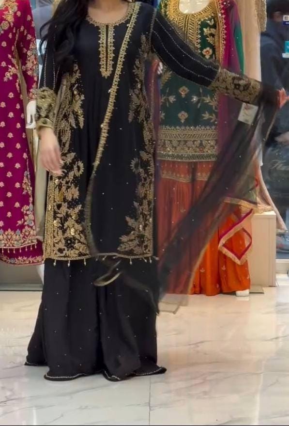 Embroidered Roman Silk 3 Piece Suit Set with Net Dupatta – Eid Party Wear