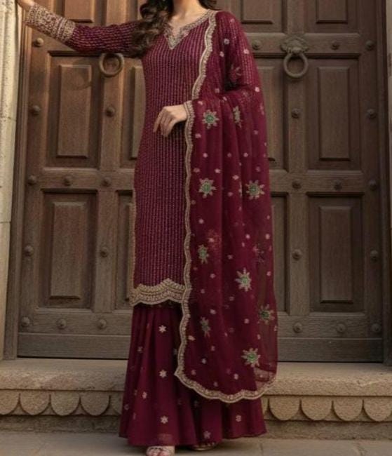 Designer Blue Women’s Heavy Embroidery Sharara Suit with Dupatta