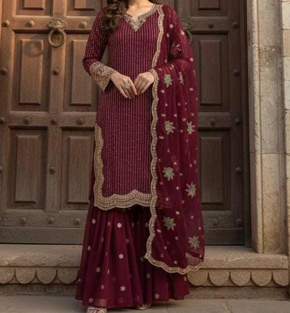 Designer Blue Women’s Heavy Embroidery Sharara Suit with Dupatta