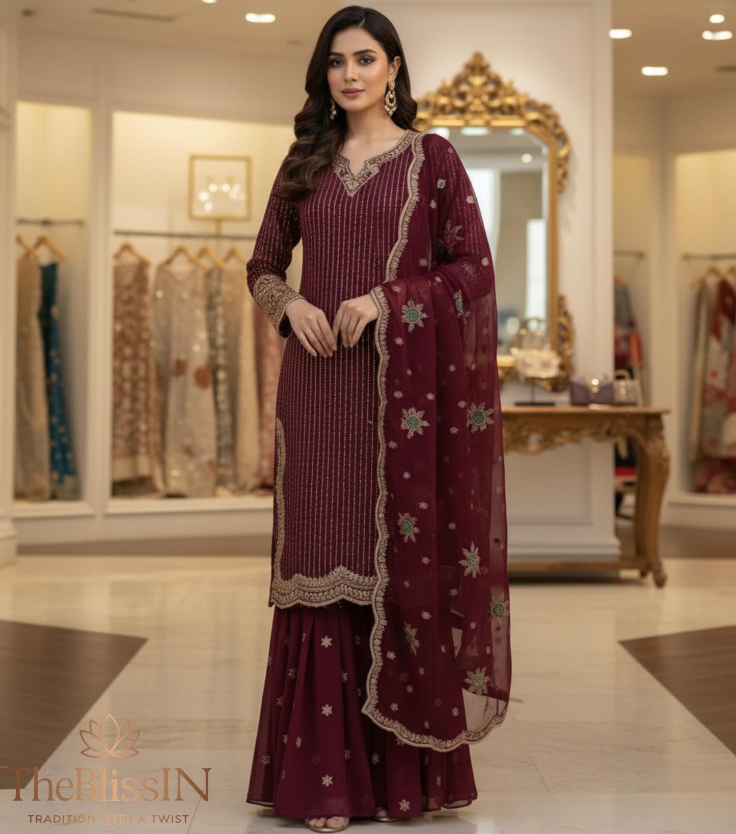 Designer Blue Women’s Heavy Embroidery Sharara Suit with Dupatta