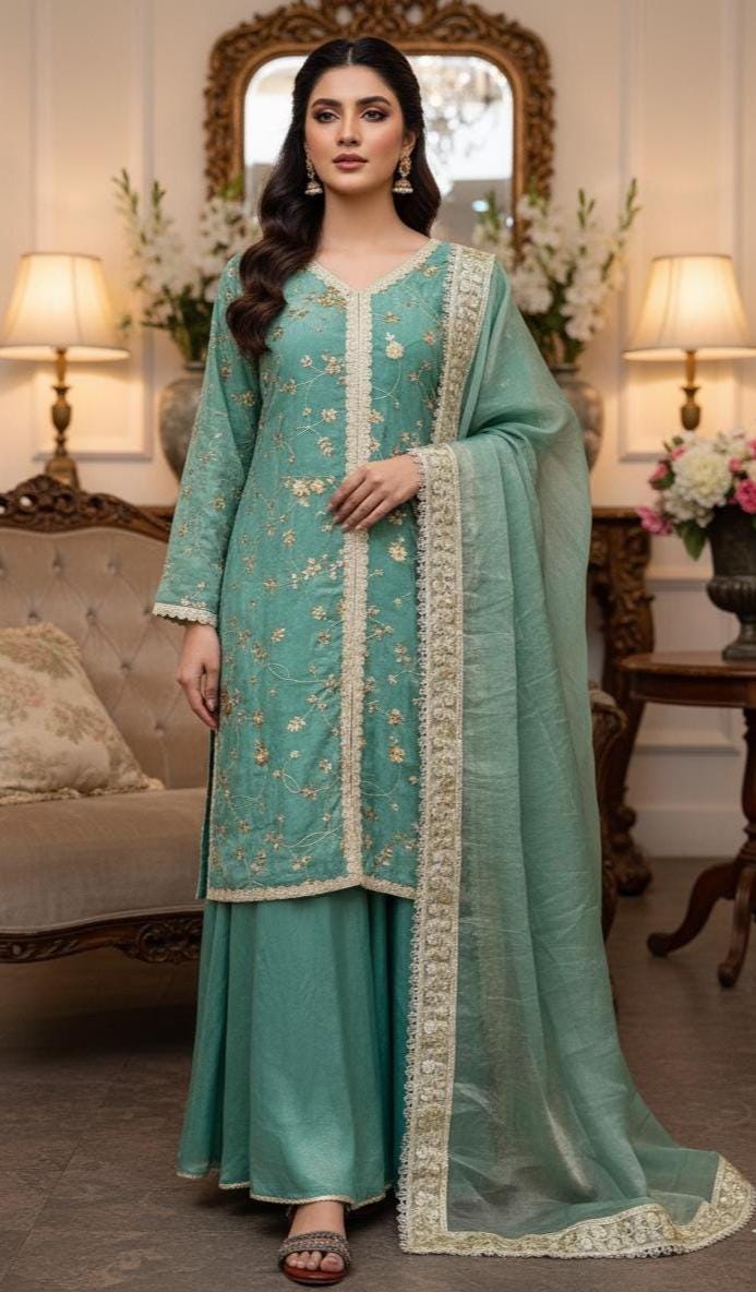 Luxury Mint Green Ethnic Palazzo Suit Set for Wedding & Eid