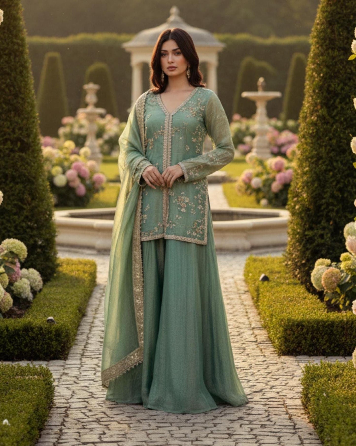 Luxury Mint Green Ethnic Palazzo Suit Set for Wedding & Eid