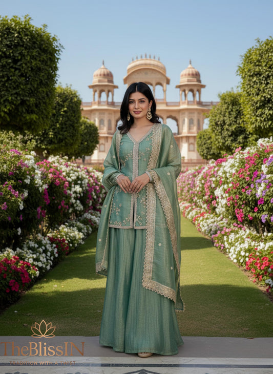 Luxury Mint Green Ethnic Palazzo Suit Set for Wedding & Eid