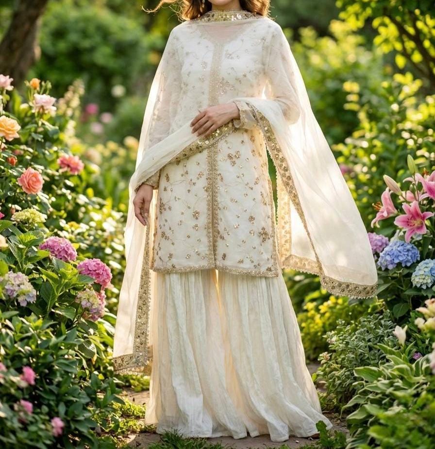 Elegant White With Heavy Gold Embroidery Traditional Palazzo Suit for Women