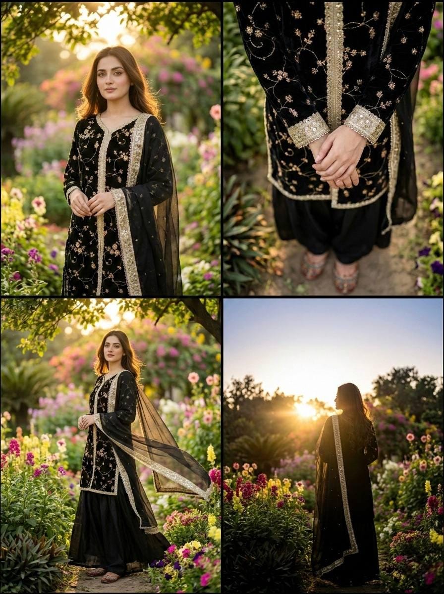 Black Fandy Silk Palazzo Suit with Heavy Embroidery and Dupatta