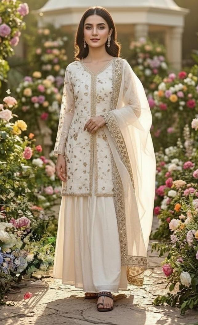 Elegant White With Heavy Gold Embroidery Traditional Palazzo Suit for Women