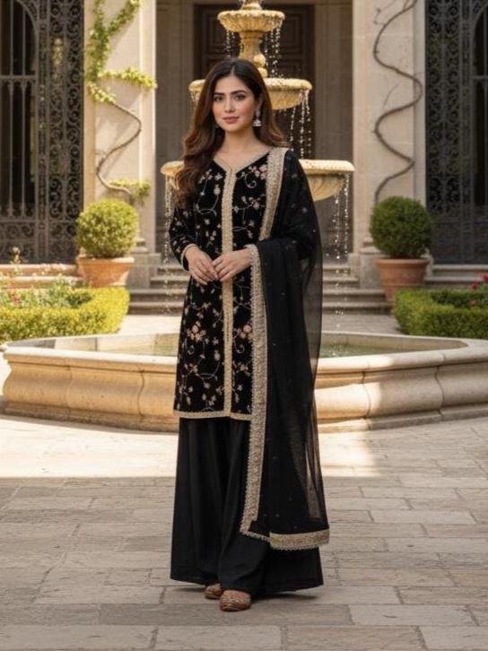 Black Fandy Silk Palazzo Suit with Heavy Embroidery and Dupatta