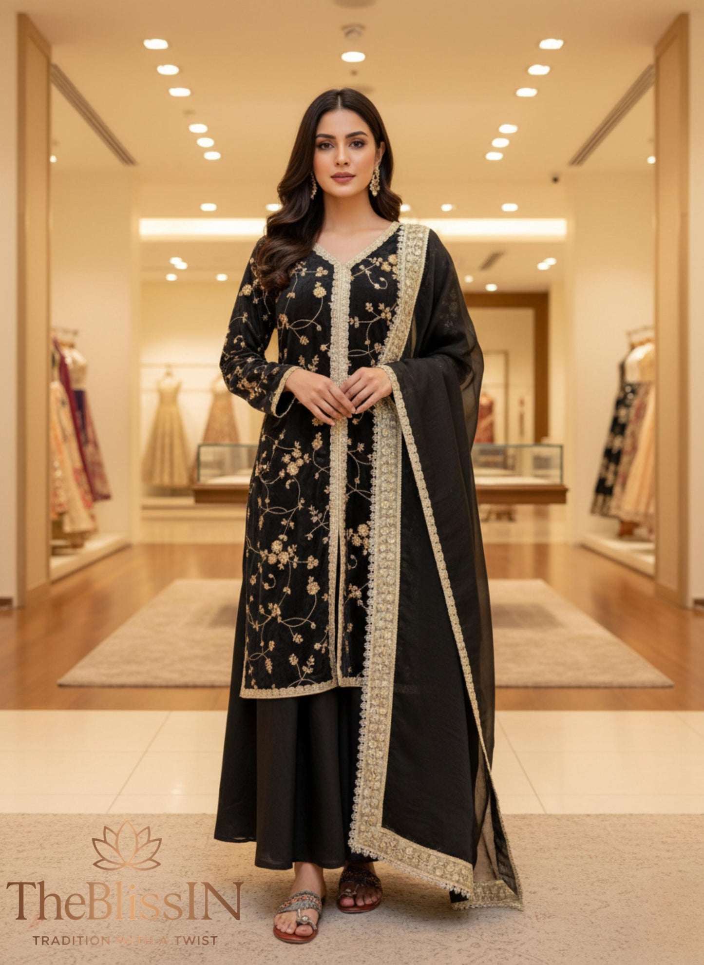 Black Fandy Silk Palazzo Suit with Heavy Embroidery and Dupatta
