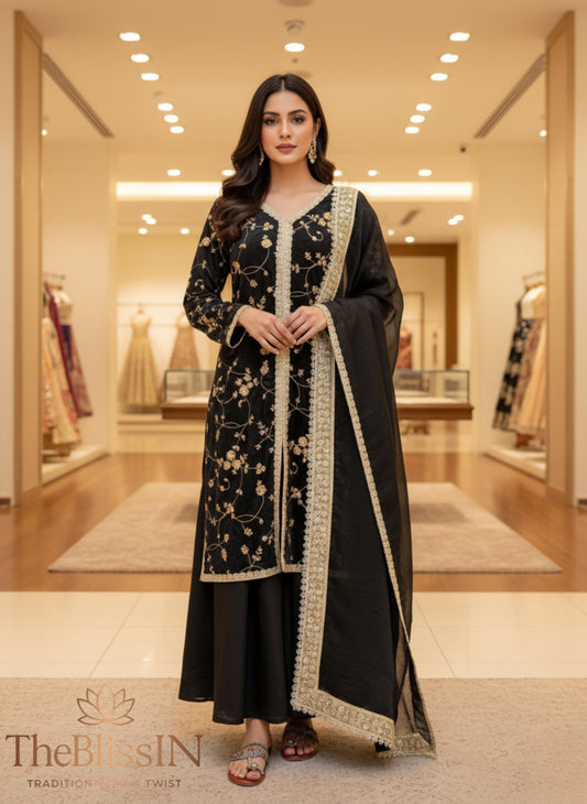 Black Fandy Silk Palazzo Suit with Heavy Embroidery and Dupatta