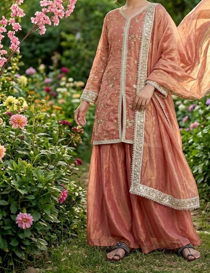 Designer Peach Party Wear Palazzo Suit  with Embroidered Dupatta