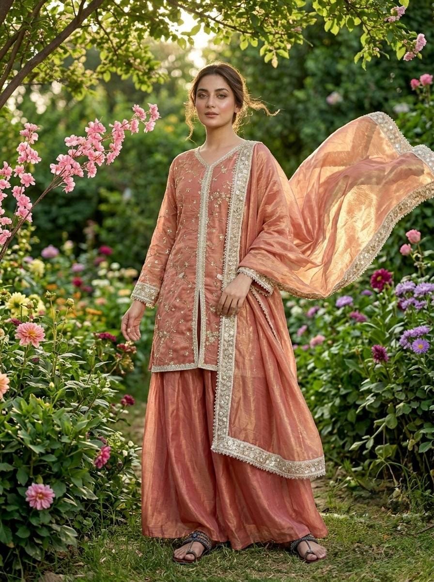 Designer Peach Party Wear Palazzo Suit  with Embroidered Dupatta