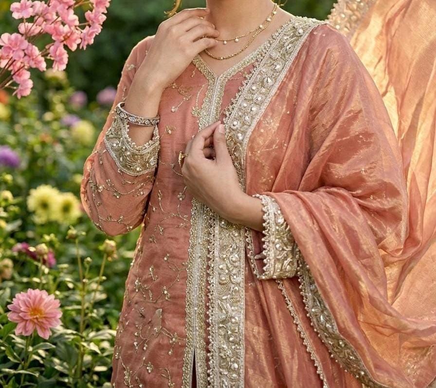 Designer Peach Party Wear Palazzo Suit  with Embroidered Dupatta